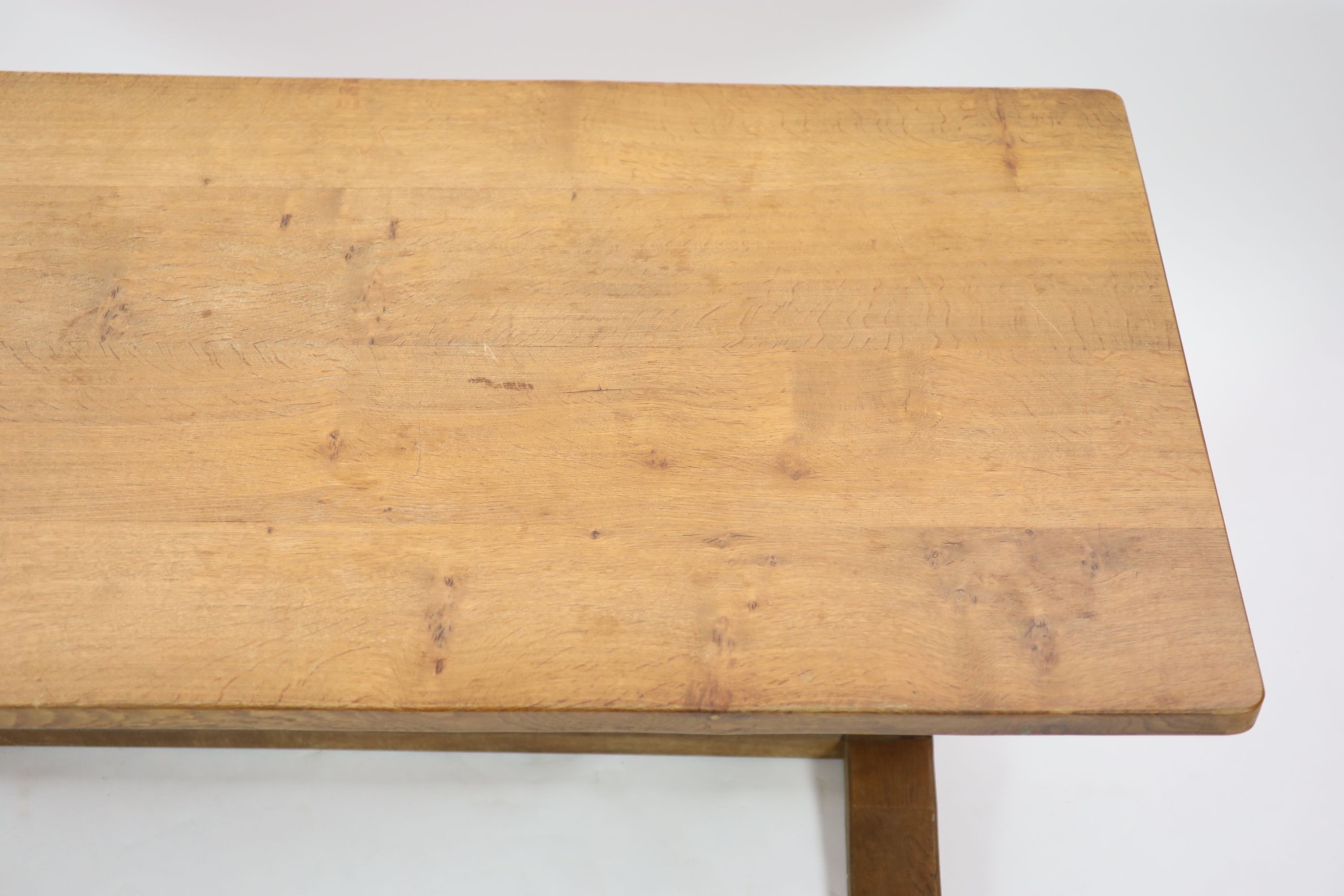 A Robert Thompson Mouseman adzed oak refectory table, W.180cm D.86cm H.74cm